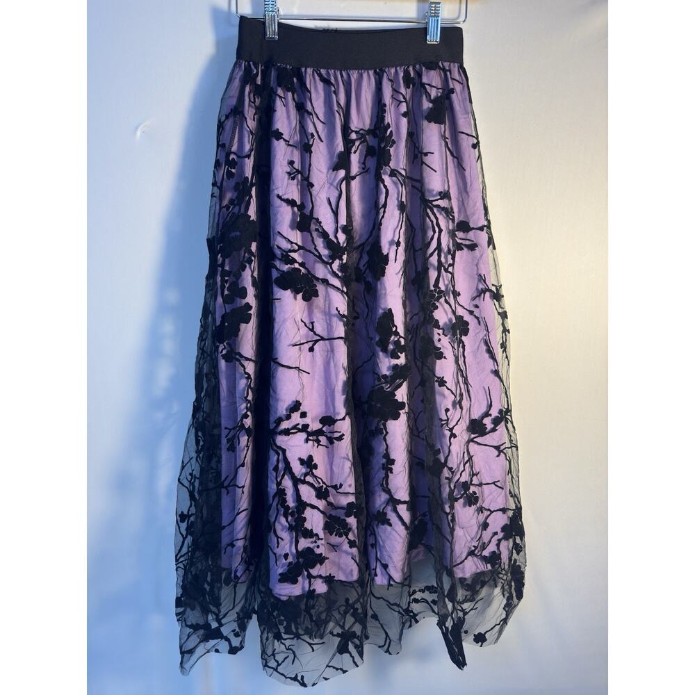 Lavender Black Floral Flocked Mesh Midi Skirt‎ Elastic Waist Small Y2K